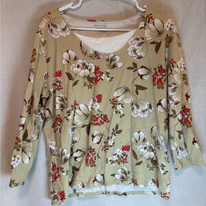White Stag T Shirt Women's XXL 20 Beige Red Floral 3/4 Sleeves Stretch Tee Top
